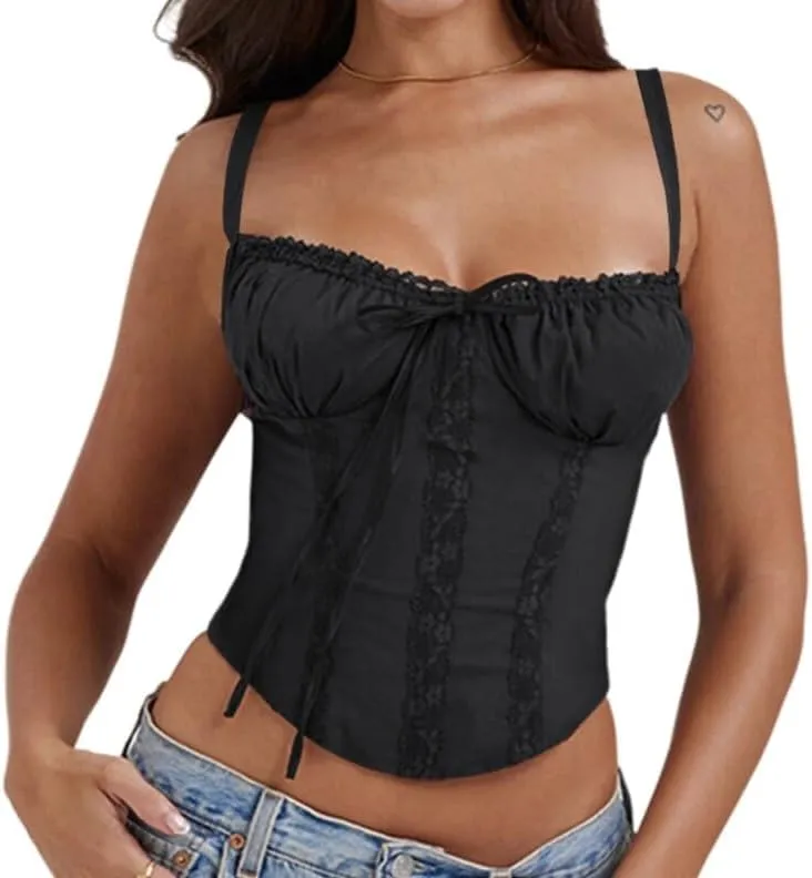 Fronage Women Sexy Low Cut Lace Corset Top Sleeveless Spaghetti Straps Slim Tank Top Trendy Open Back Boned Mesh Tunic Top