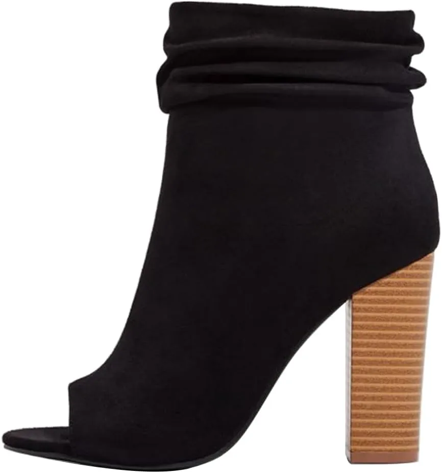 FSJ Women Stylish Peep Toe Slouch Ankle Boots Chunky Stacked Heels Party Prom Nightclub Evening Dress Shoes Size 4-15 US