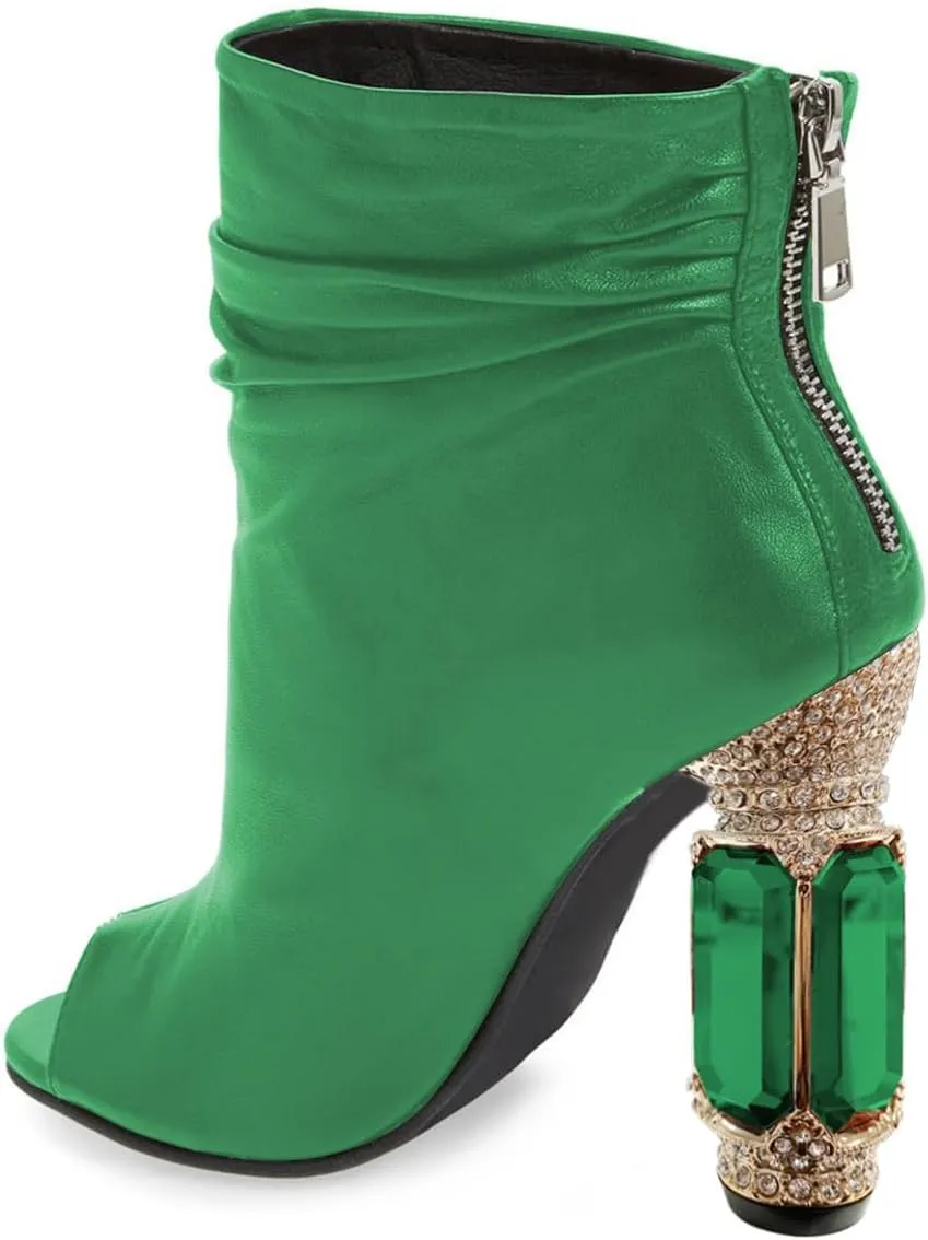 FSJ Women Stylish Peep Toe Slouch Ankle Boots Chunky Stacked Heels Party Prom Nightclub Evening Wedding Crystal Heel Dress Shoes Size 4-15 US