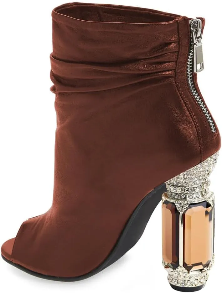 FSJ Women Stylish Peep Toe Slouch Ankle Boots Chunky Stacked Heels Party Prom Nightclub Evening Wedding Crystal Heel Dress Shoes Size 4-15 US