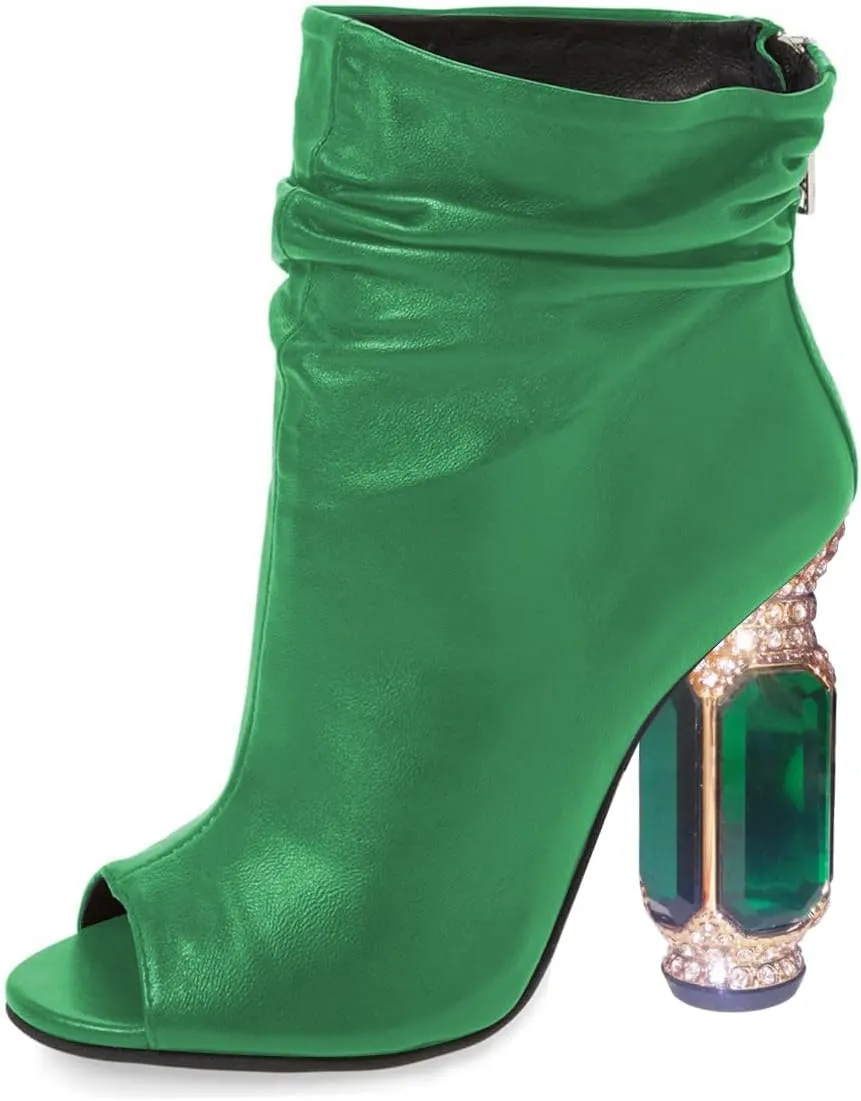 FSJ Women Stylish Peep Toe Slouch Ankle Boots Chunky Stacked Heels Party Prom Nightclub Evening Wedding Crystal Heel Dress Shoes Size 4-15 US