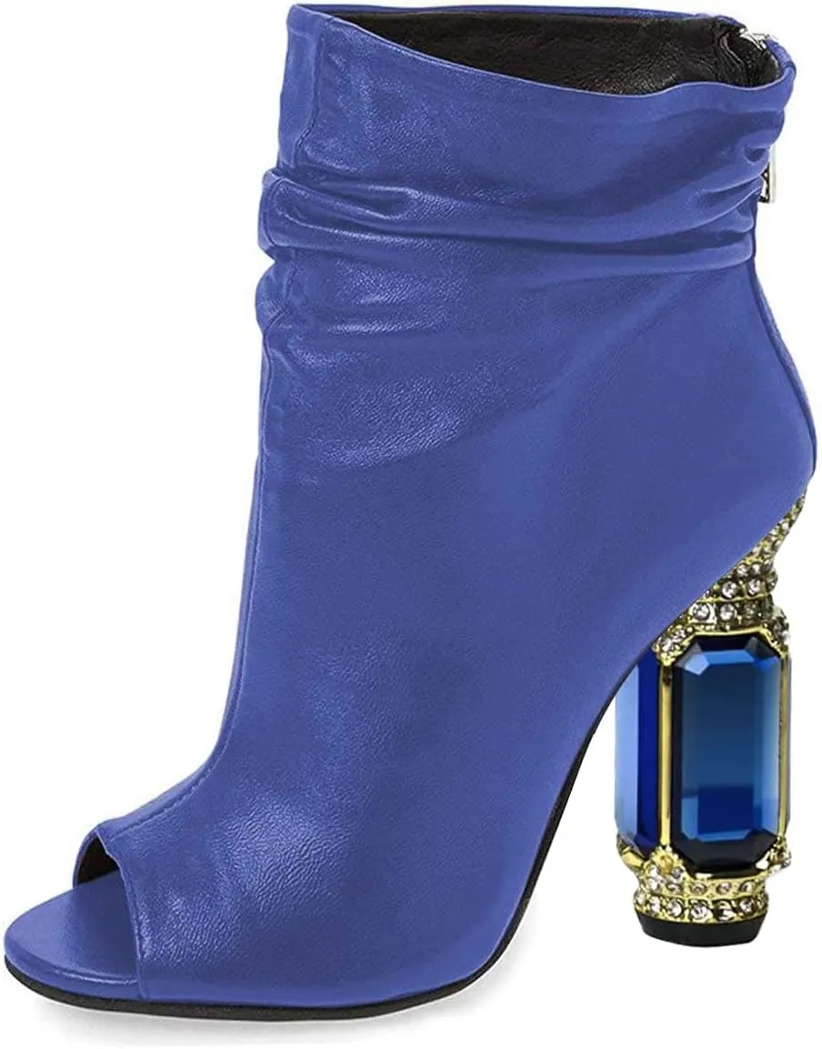 FSJ Women Stylish Peep Toe Slouch Ankle Boots Chunky Stacked Heels Party Prom Nightclub Evening Wedding Crystal Heel Dress Shoes Size 4-15 US