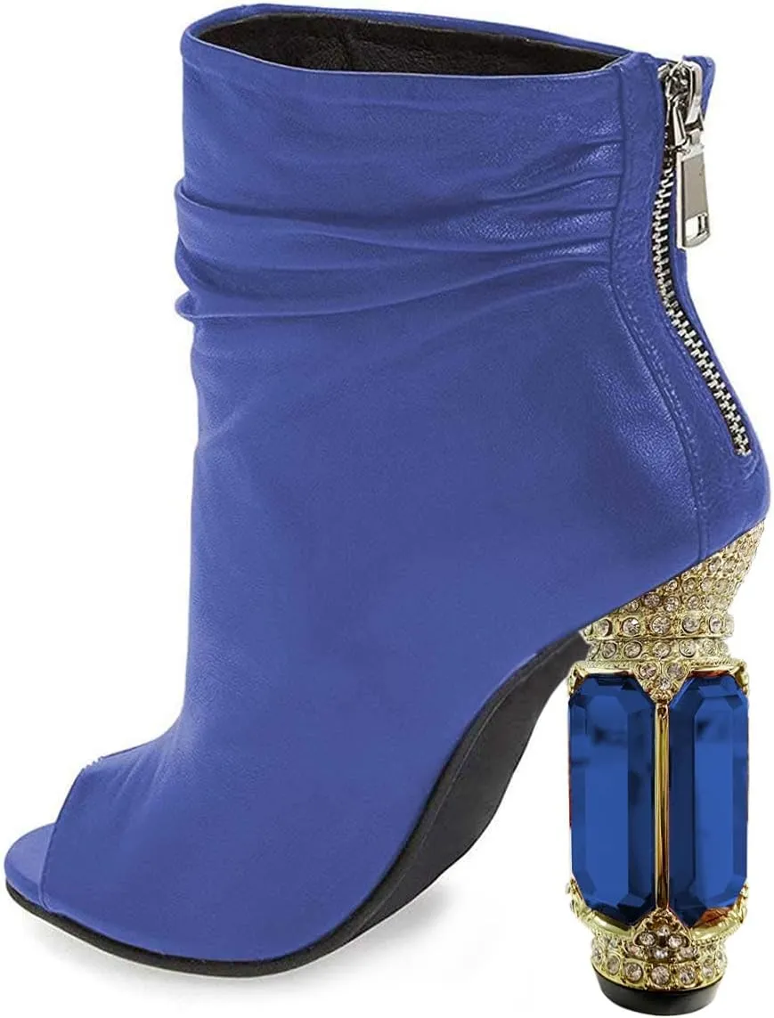 FSJ Women Stylish Peep Toe Slouch Ankle Boots Chunky Stacked Heels Party Prom Nightclub Evening Wedding Crystal Heel Dress Shoes Size 4-15 US
