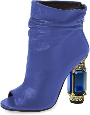 FSJ Women Stylish Peep Toe Slouch Ankle Boots Chunky Stacked Heels Party Prom Nightclub Evening Wedding Crystal Heel Dress Shoes Size 4-15 US