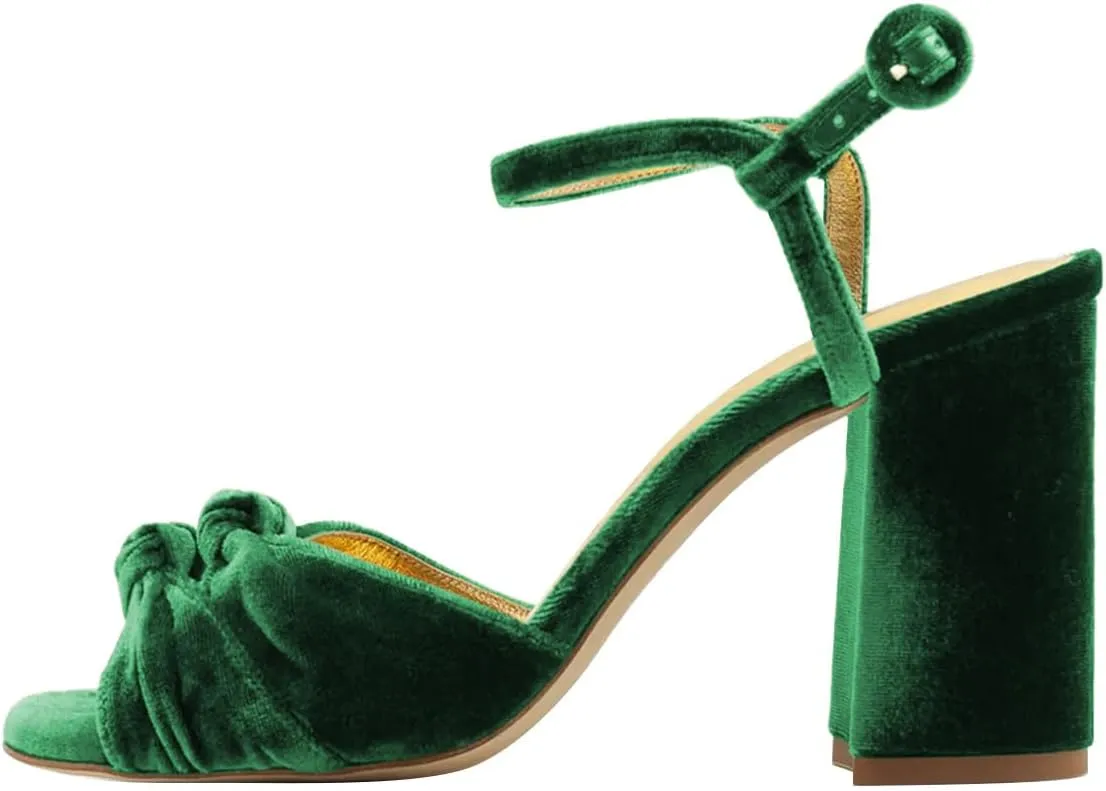 FSJ Women Velvet Heeled Sandals Ankle Strap High Block Open Toe Dress Pumps Chunky Heel Double Knot Bridal Wedding Dress Shoes Size 4-16 US