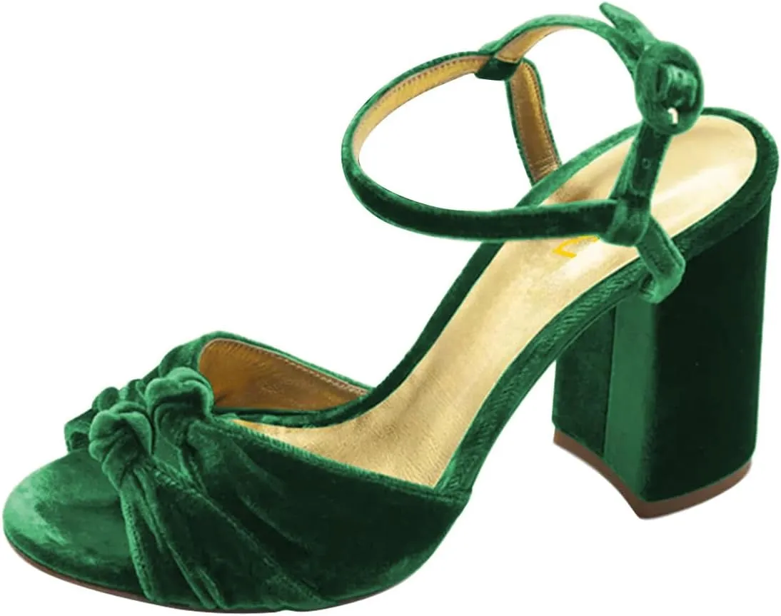 FSJ Women Velvet Heeled Sandals Ankle Strap High Block Open Toe Dress Pumps Chunky Heel Double Knot Bridal Wedding Dress Shoes Size 4-16 US