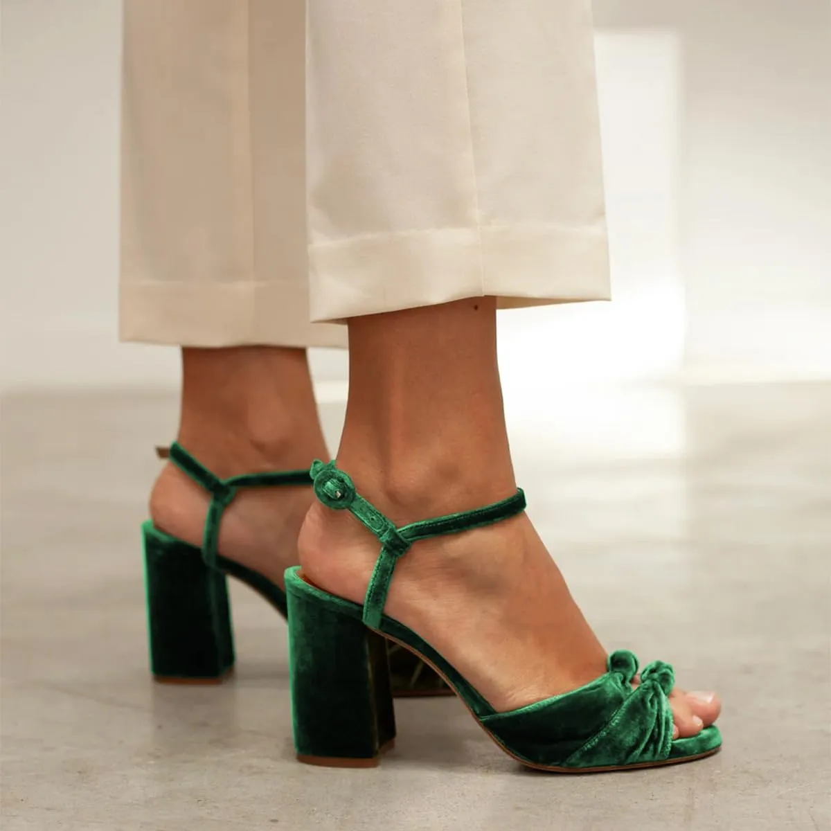 FSJ Women Velvet Heeled Sandals Ankle Strap High Block Open Toe Dress Pumps Chunky Heel Double Knot Bridal Wedding Dress Shoes Size 4-16 US