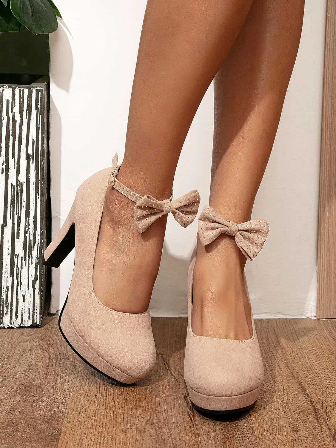 GATUXUS Women's Platform High Heel Dress Pumps Ankle Strap Bow Chunky Heels Shoes for Party Wedding Prom
