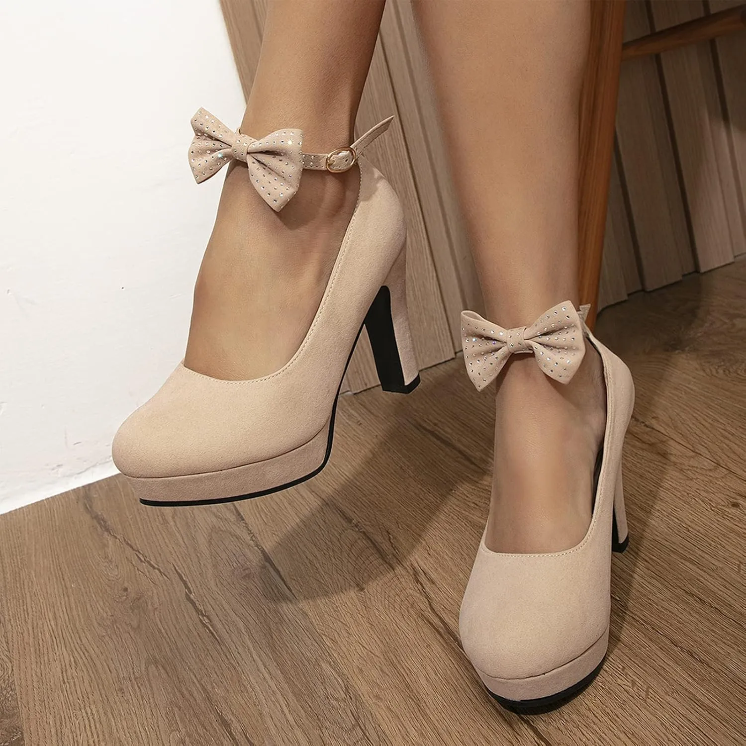 GATUXUS Women's Platform High Heel Dress Pumps Ankle Strap Bow Chunky Heels Shoes for Party Wedding Prom