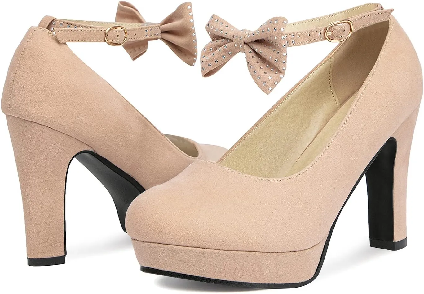 GATUXUS Women's Platform High Heel Dress Pumps Ankle Strap Bow Chunky Heels Shoes for Party Wedding Prom