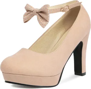 GATUXUS Women's Platform High Heel Dress Pumps Ankle Strap Bow Chunky Heels Shoes for Party Wedding Prom