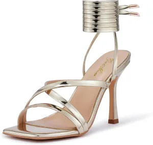 GENSHUO Women's heeled Sandals Strappy Lace up Stiletto High Heel Sandals Square Toe Sandals Tie up Heels Sandals for Party Prom Homecoming Dress Shoes