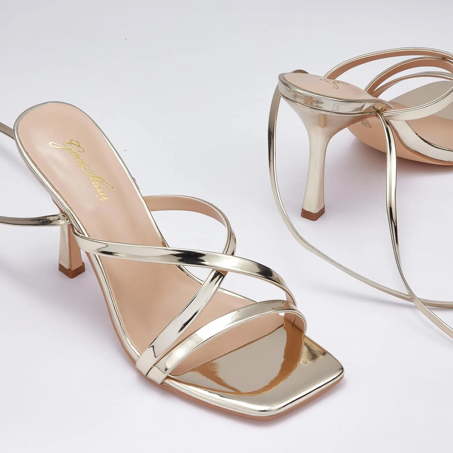 GENSHUO Women's heeled Sandals Strappy Lace up Stiletto High Heel Sandals Square Toe Sandals Tie up Heels Sandals for Party Prom Homecoming Dress Shoes