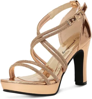 getmorebeauty Women's Block High Heels Criss Cross Rhinestone Strappy Sandals Open Toe Dressy Platform Sandals Shoes