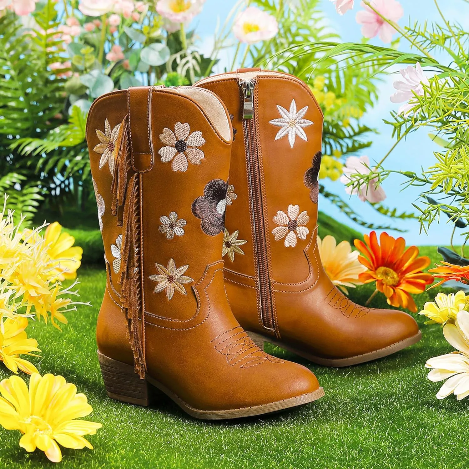 Girls Cowboy Boots Toddler Cowgirl Floral Embroidered Fringe Little Kids Western Boots Girl Riding Boot Birthday Party