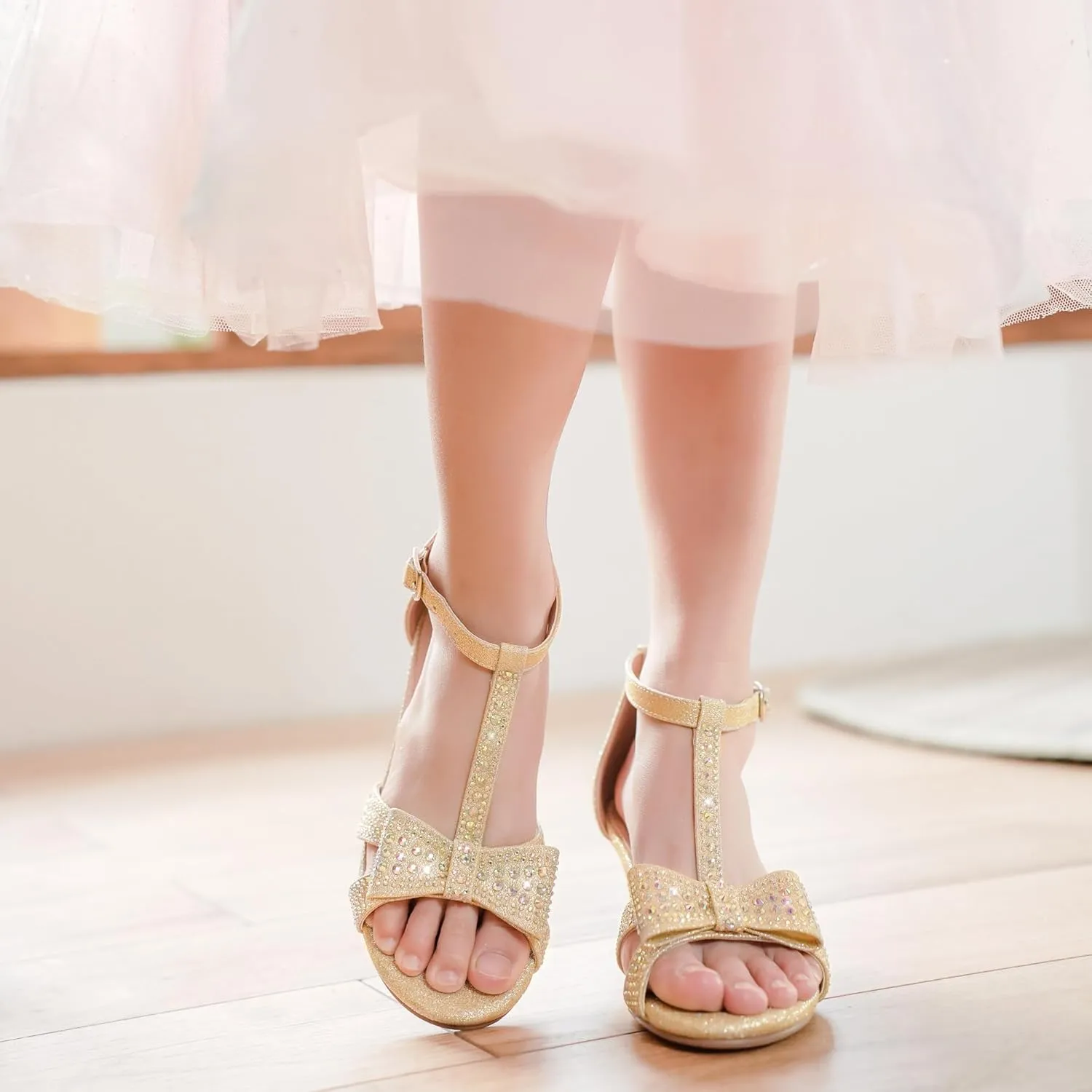 Girls Heel Sandals Dress Pump Open Toe T Strap Rhinestone Sandals Wedding Party Prom Shoes Little Big Kids