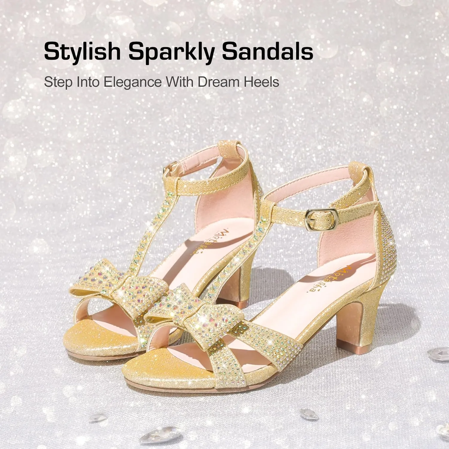 Girls Heel Sandals Dress Pump Open Toe T Strap Rhinestone Sandals Wedding Party Prom Shoes Little Big Kids