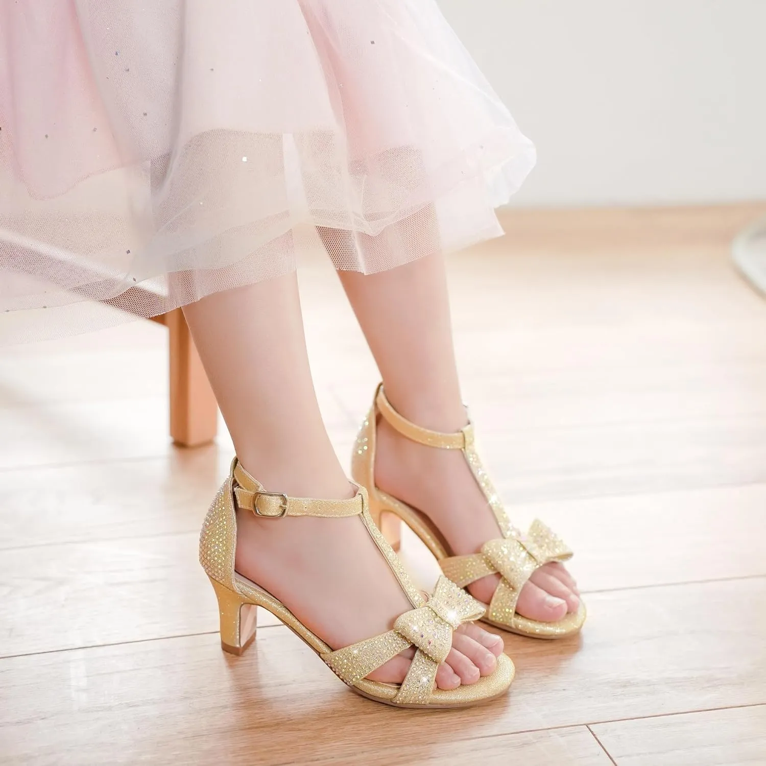 Girls Heel Sandals Dress Pump Open Toe T Strap Rhinestone Sandals Wedding Party Prom Shoes Little Big Kids