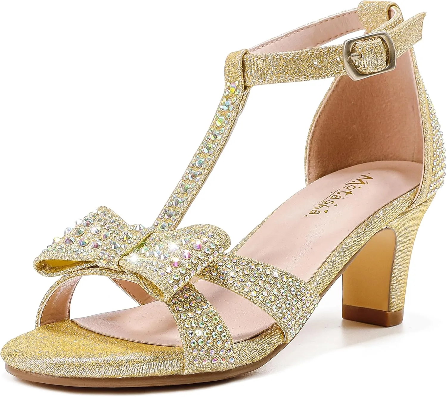 Girls Heel Sandals Dress Pump Open Toe T Strap Rhinestone Sandals Wedding Party Prom Shoes Little Big Kids