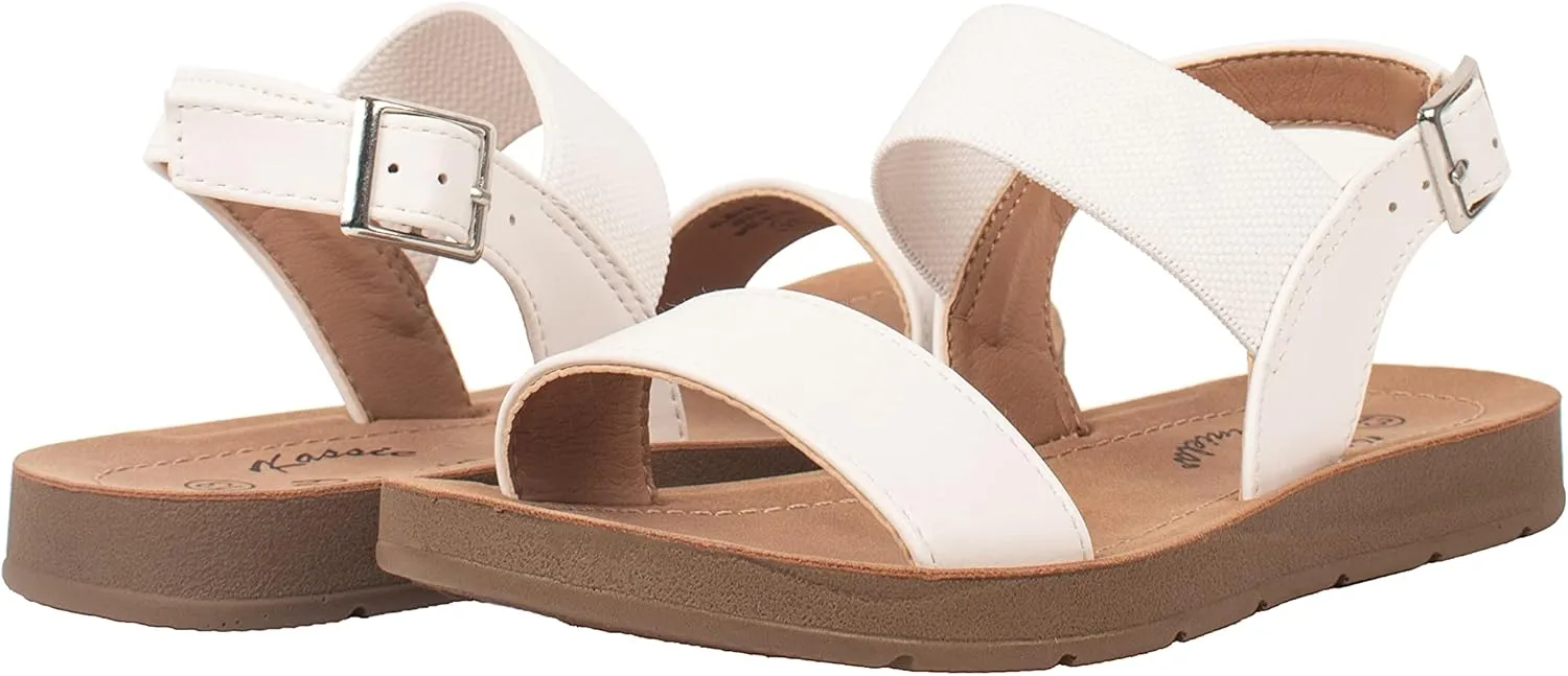 Girls Sandals Casual Open Toe Single Band with Elastic Ankle Strap Buckle Fashion Slide Flats RAIN-2