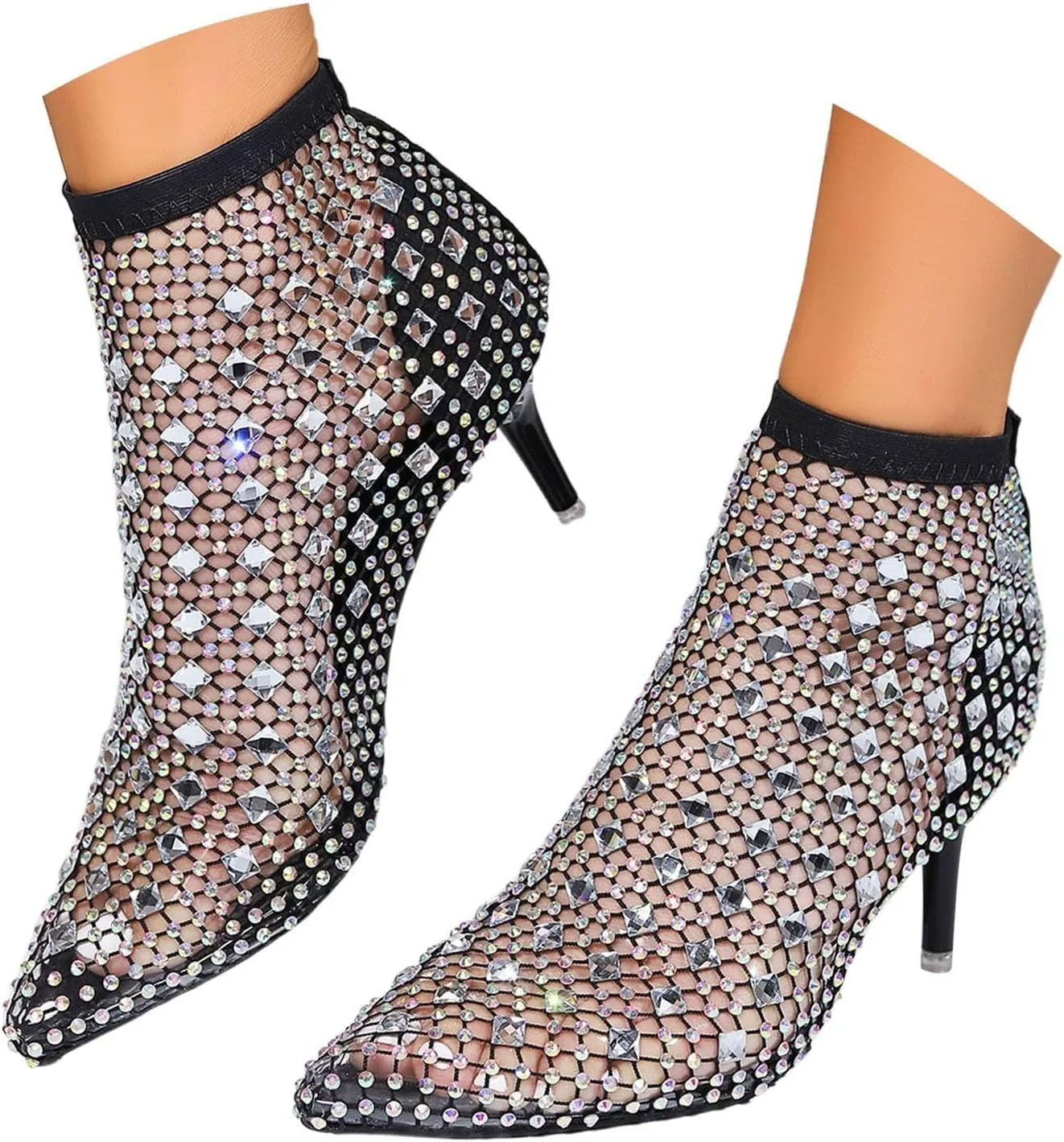 Glitter Mesh Hollow Ankle Boots for Women Sexy Fashion Rhinestone Dress Pump Boots Pointed Toe Stiletto Wedding Party Sandals