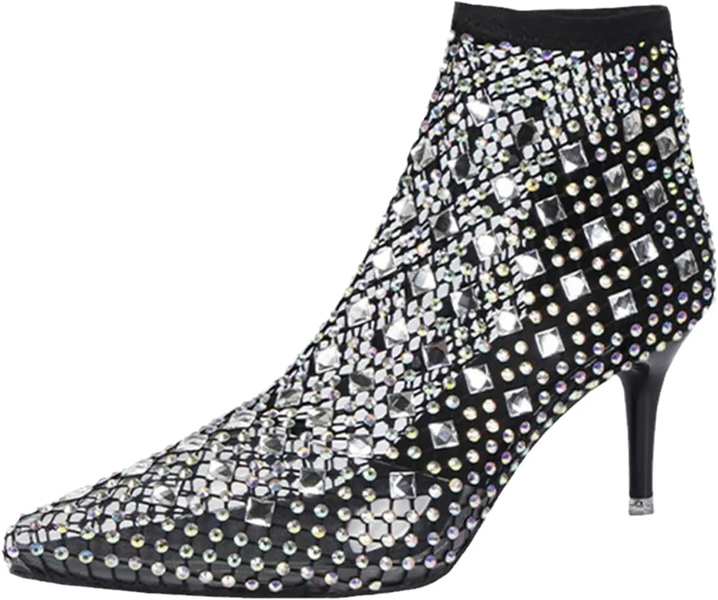 Glitter Mesh Hollow Ankle Boots for Women Sexy Fashion Rhinestone Dress Pump Boots Pointed Toe Stiletto Wedding Party Sandals