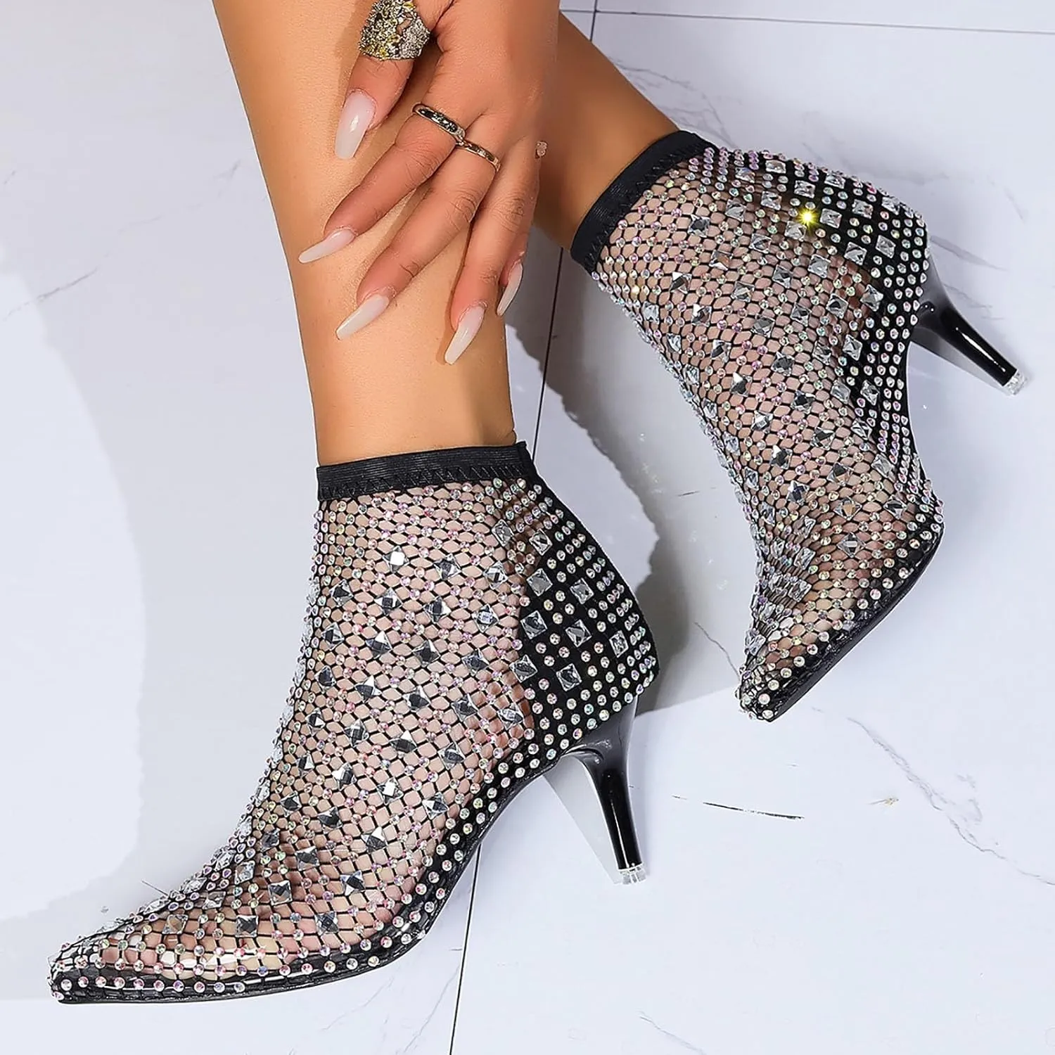 Glitter Mesh Hollow Ankle Boots for Women Sexy Fashion Rhinestone Dress Pump Boots Pointed Toe Stiletto Wedding Party Sandals