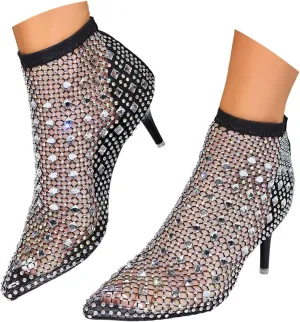 Glitter Mesh Hollow Ankle Boots for Women Sexy Fashion Rhinestone Dress Pump Boots Pointed Toe Stiletto Wedding Party Sandals