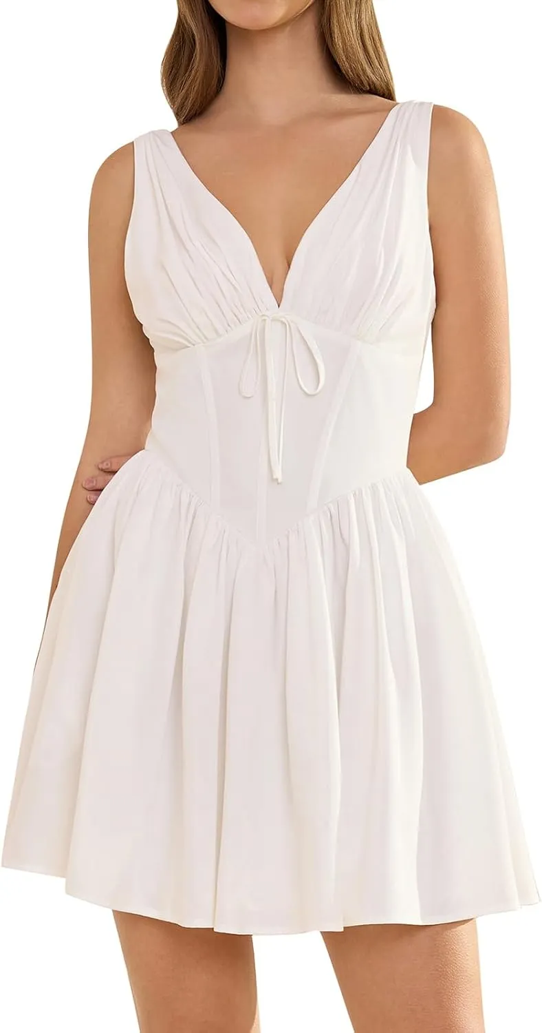 GLNEGE Women Summer Graduation Corset Mini Dresses Casual V Neck Flowy A-Line Cute Going Out Party Dress with Pockets