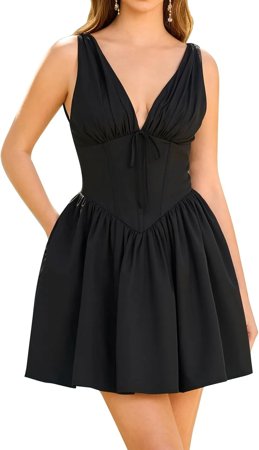 GLNEGE Women Summer Graduation Corset Mini Dresses Casual V Neck Flowy A-Line Cute Going Out Party Dress with Pockets