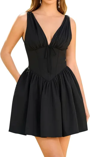 GLNEGE Women Summer Graduation Corset Mini Dresses Casual V Neck Flowy A-Line Cute Going Out Party Dress with Pockets
