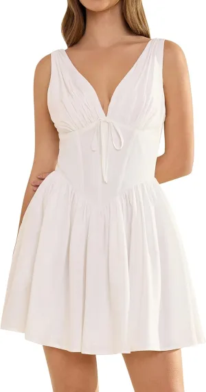 GLNEGE Women Summer Graduation Corset Mini Dresses Casual V Neck Flowy A-Line Cute Going Out Party Dress with Pockets