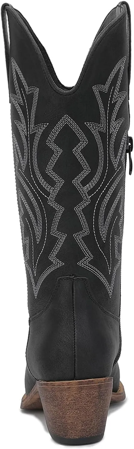 GLOBALWIN Women's Mid Calf Western Cowboy Boots Cowgirl Boots for Women with Floral Embroidery Side Zipper Chunky Heel