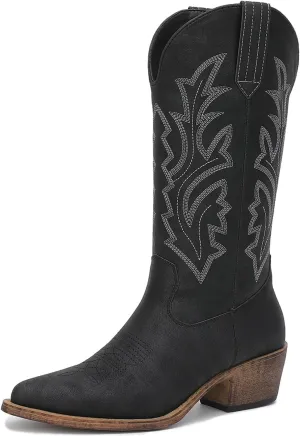 GLOBALWIN Women's Mid Calf Western Cowboy Boots Cowgirl Boots for Women with Floral Embroidery Side Zipper Chunky Heel