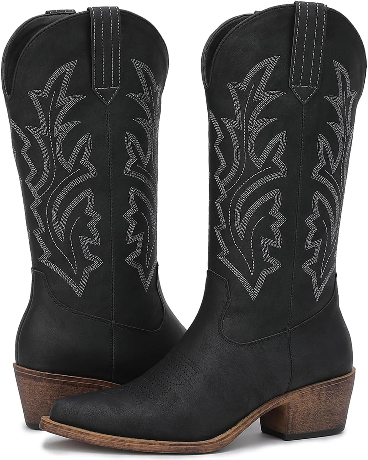 GLOBALWIN Women's Mid Calf Western Cowboy Boots Cowgirl Boots for Women with Floral Embroidery Side Zipper Chunky Heel
