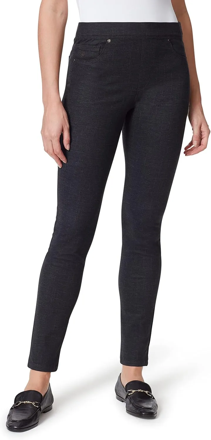 Gloria Vanderbilt Women's Avery Ponte Slim Pull on Pant, Lyons Crosshatch Plaid, 16 Short