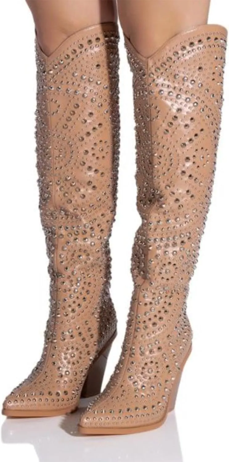 GORBINETI Womens Black Boots Pointed Toe and Chunky Heel Boots for Women Luxurious Studded Boots Tall Boots with Metallic Rivets Size US 6-11