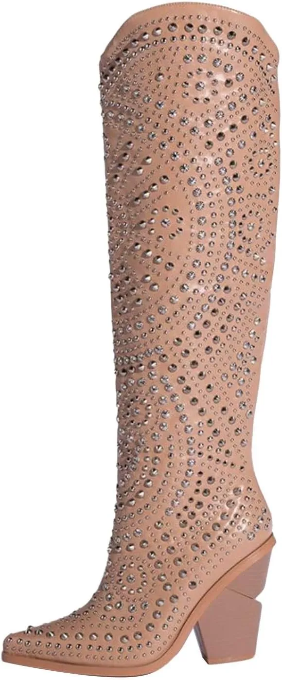 GORBINETI Womens Black Boots Pointed Toe and Chunky Heel Boots for Women Luxurious Studded Boots Tall Boots with Metallic Rivets Size US 6-11