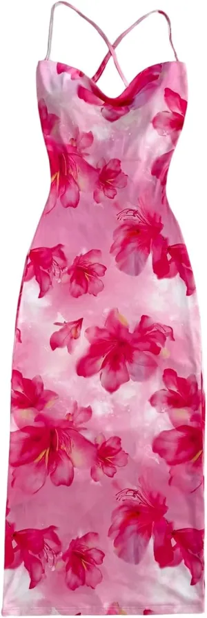 GORGLITTER Women's Floral Open Back Bodycon Maxi Dresses Bow Tie Wedding Guest Birthday Going Out Party Long Dress