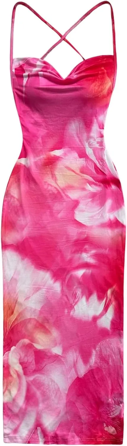GORGLITTER Women's Floral Open Back Bodycon Maxi Dresses Bow Tie Wedding Guest Birthday Going Out Party Long Dress
