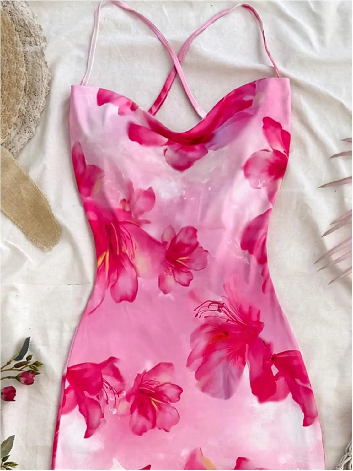 GORGLITTER Women's Floral Open Back Bodycon Maxi Dresses Bow Tie Wedding Guest Birthday Going Out Party Long Dress
