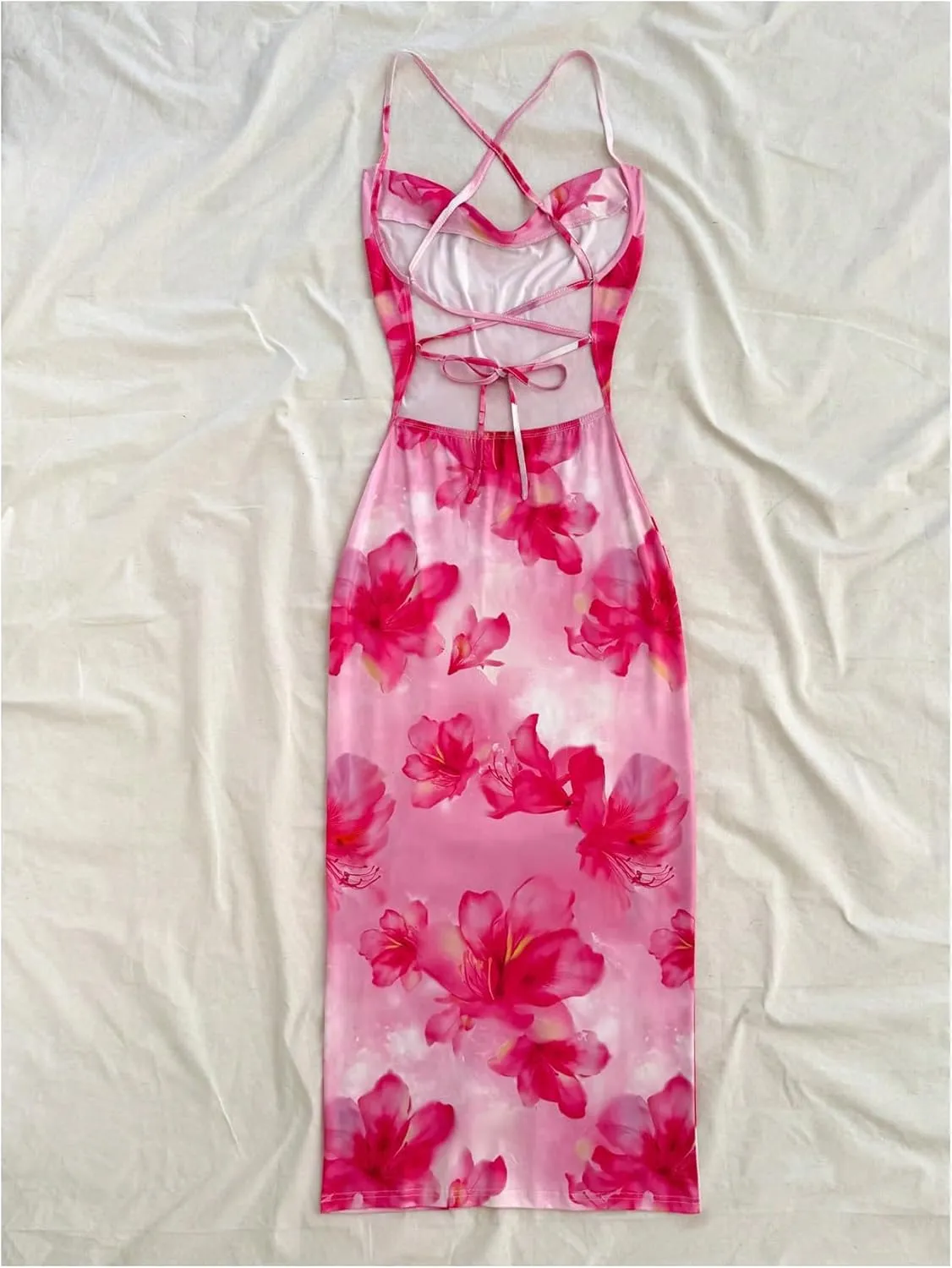 GORGLITTER Women's Floral Open Back Bodycon Maxi Dresses Bow Tie Wedding Guest Birthday Going Out Party Long Dress