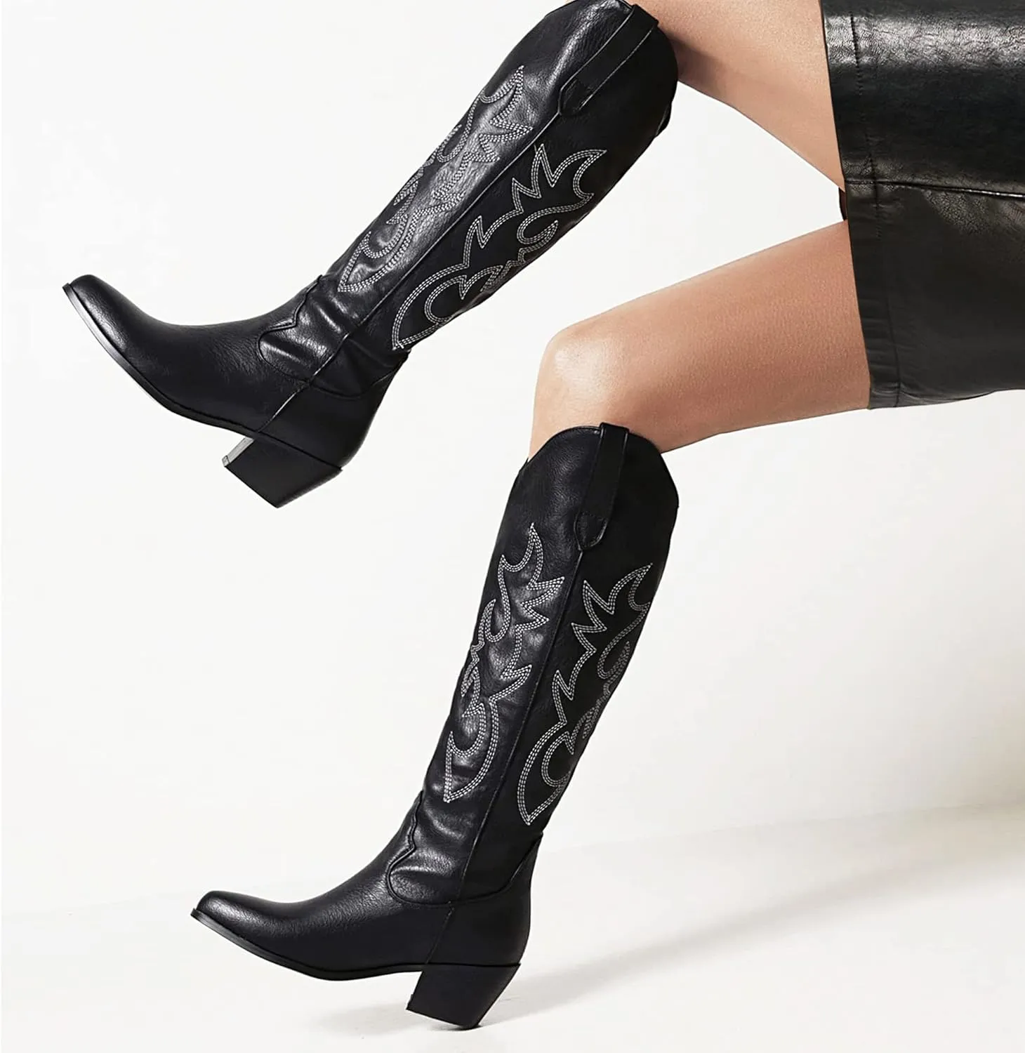 GOSERCE Women's Western Cowboy Boots with Embroidery Chunky Block Heel 2.5" Classic Cowgirl Boots Mid Calf Booties Almond Shaped Pointed Toe Knee High boots Pull On Fashion Design