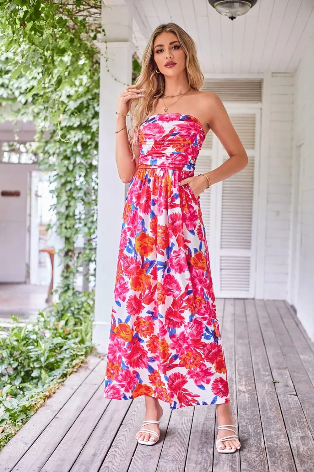 GRACE KARIN Women Strapless Casual Loose Ruched Long Maxi Dress with Pockets