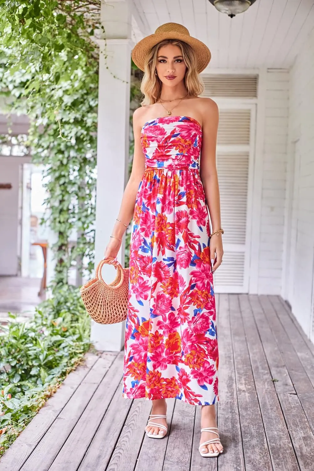GRACE KARIN Women Strapless Casual Loose Ruched Long Maxi Dress with Pockets
