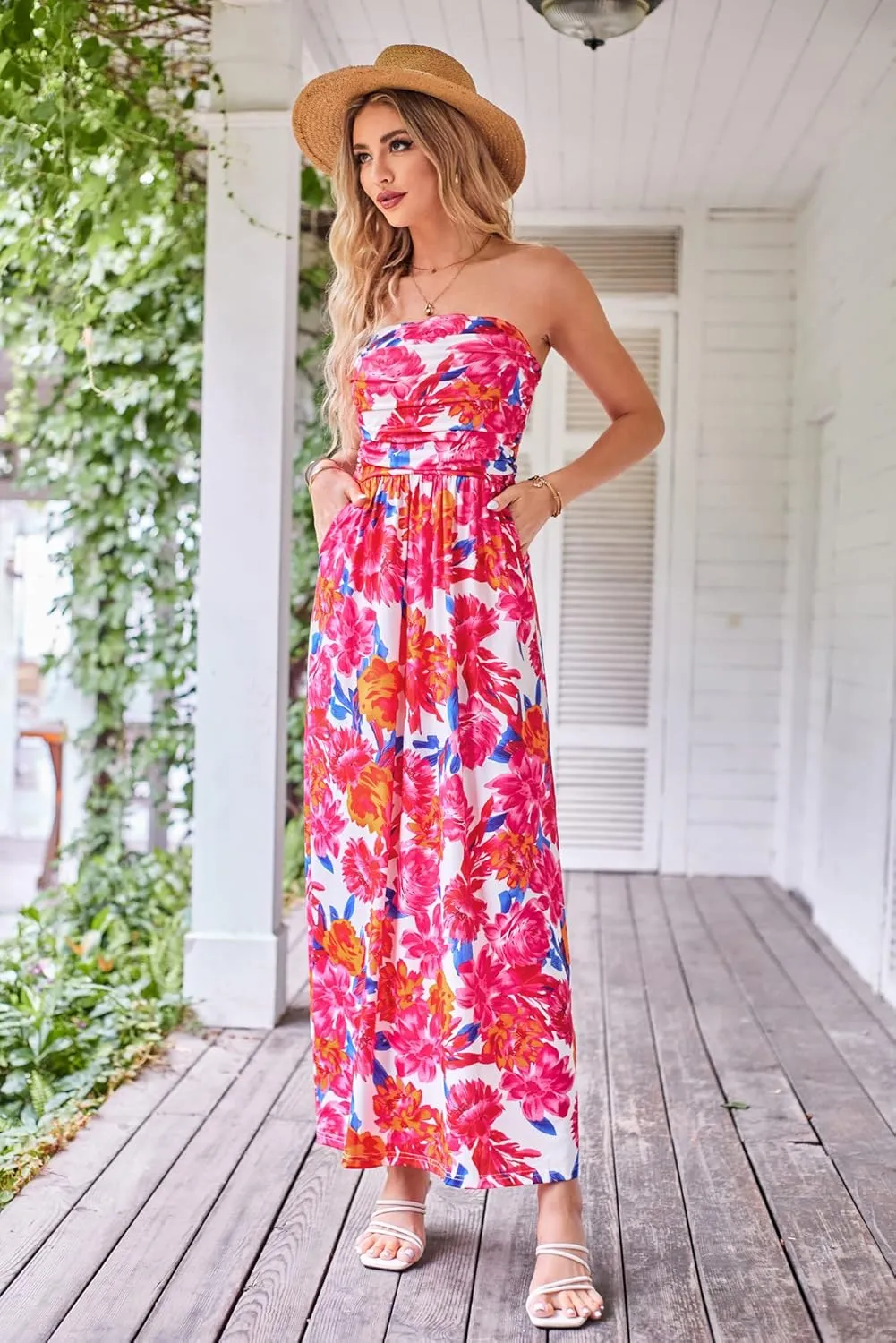 GRACE KARIN Women Strapless Casual Loose Ruched Long Maxi Dress with Pockets