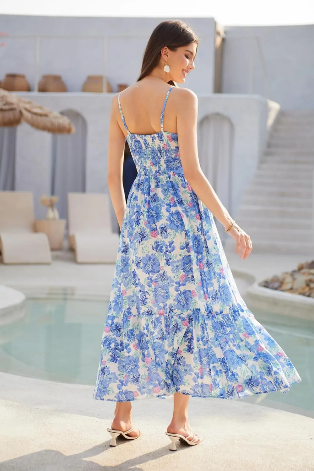 GRACE KARIN Women's 2025 Summer Maxi Dress Floral Tie Front Spaghetti Strap Casual Boho Beach Flowy Sundress with Pockets