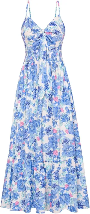 GRACE KARIN Women's 2025 Summer Maxi Dress Floral Tie Front Spaghetti Strap Casual Boho Beach Flowy Sundress with Pockets