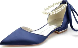 Hanfike Girls Womens Elegant Wedding Flats Ankle Chains Pointed Toe Formal Evening Shoes with Ribbon JY286