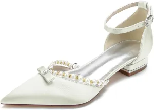 Hanfike Wedding Dress Flats for Women Ankle Strap Pointed Toe Evening Pumps with Beads JY199